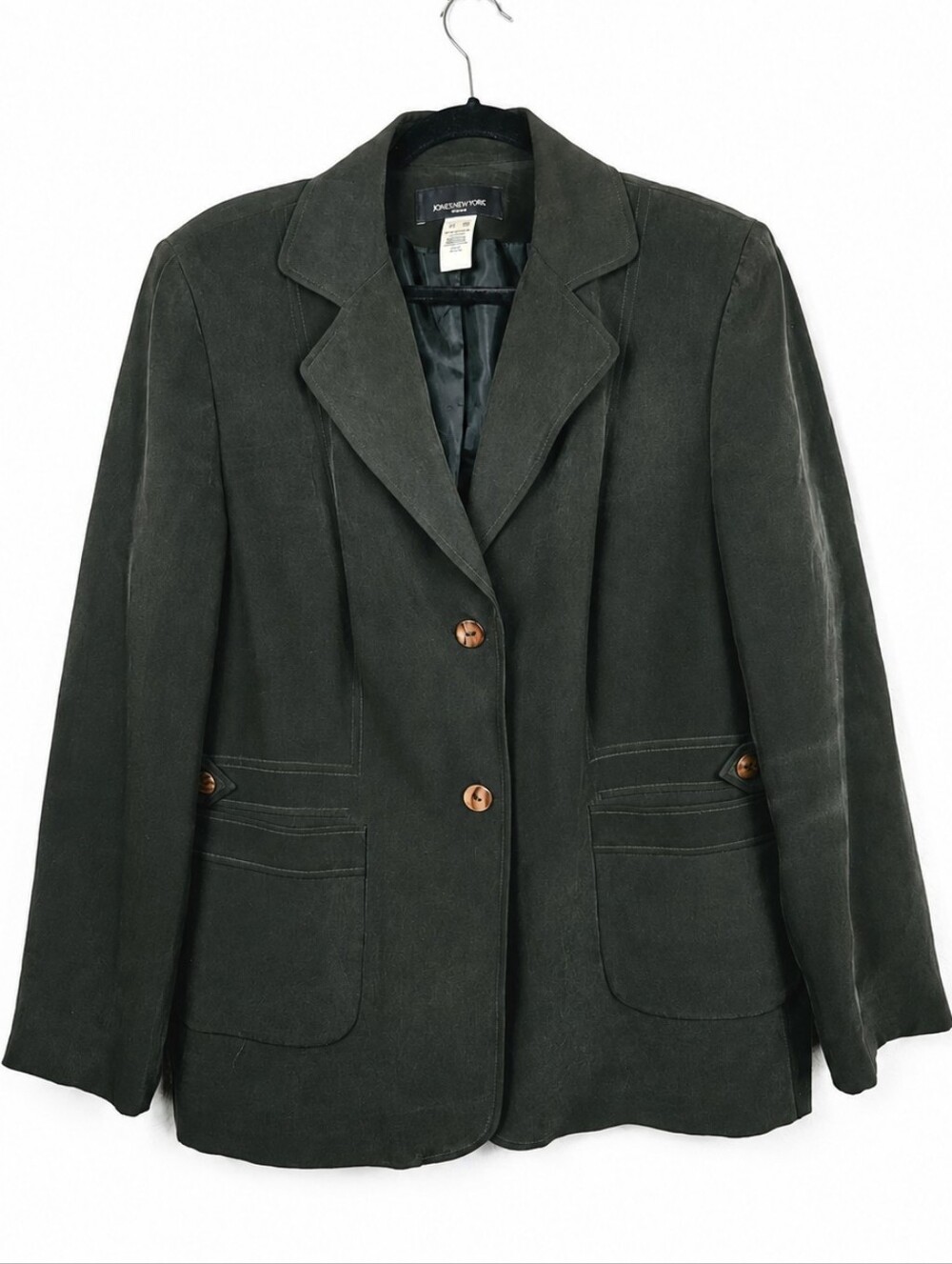 Jones New York Woman 100% Silk Olive Green Blazer Jacket Plus Size 16W Career